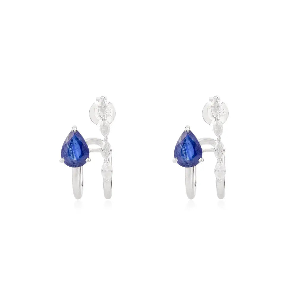 Modern Design K14 White Gold Blue Sapphire & Diamond Huggies Stud Earrings Unique Jewelry