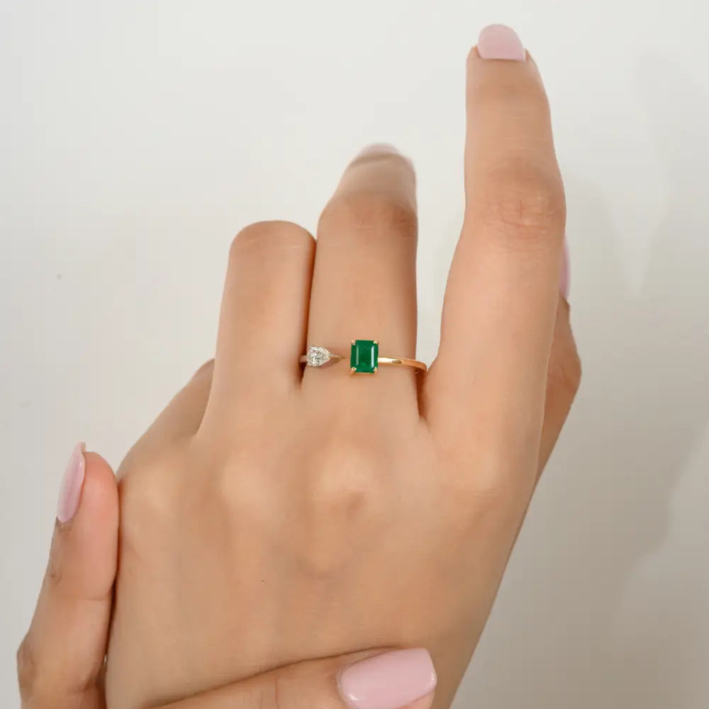 Octagon Cut Emerald & Diamond Two Tone Open Ring with 18k Solid Gold