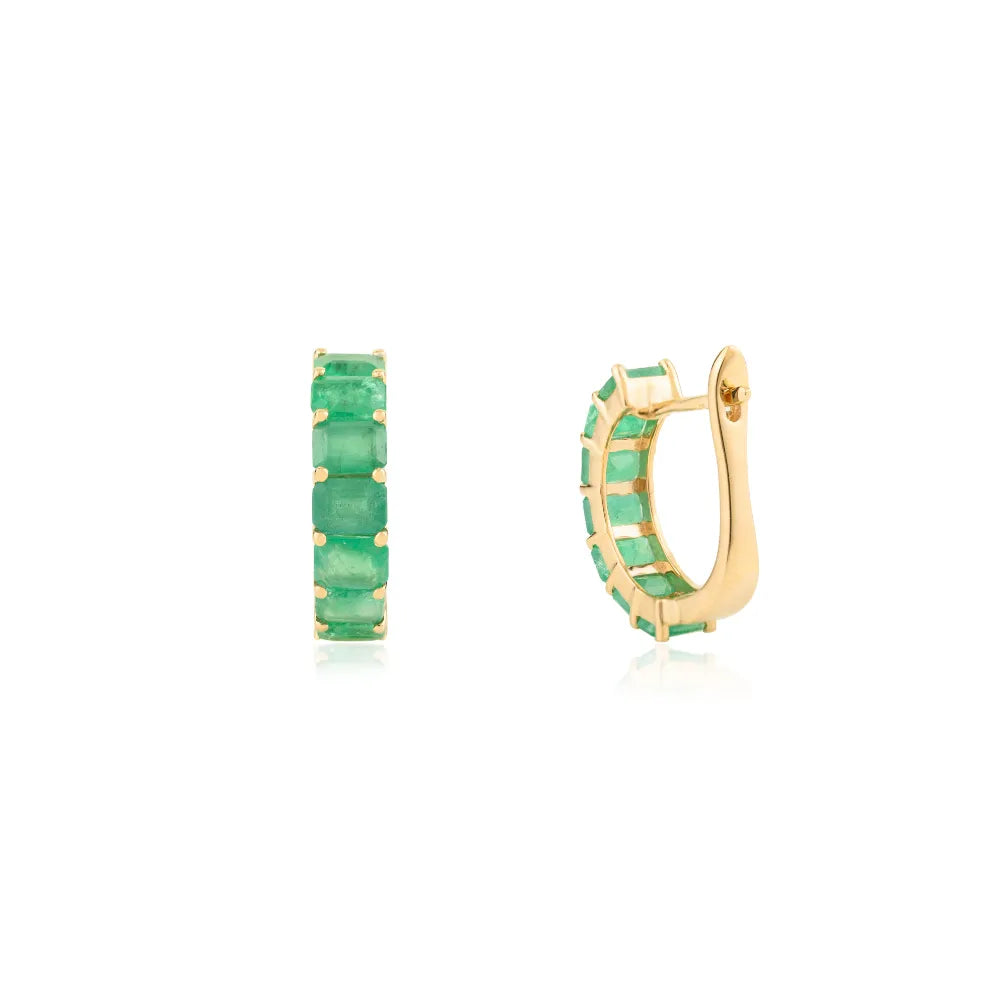 Zambian Emerald Octagon Cut Women's Hoop Earrings Real K14 Yellow Gold Handmade Jewelry