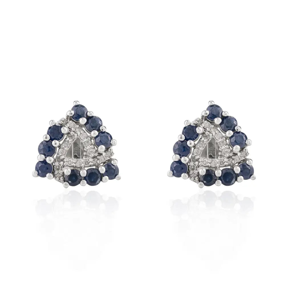 Fine Gemstone Round Blue Sapphire & American Diamond Trillion Shape Stud Earrings Wholesale Jewelry