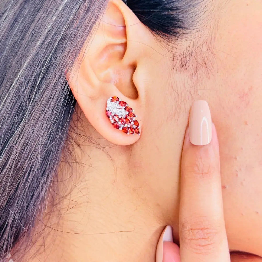 High Grade Natural Garnet & American Diamond Stud Earrings For Anniversary Gift Prong Setting