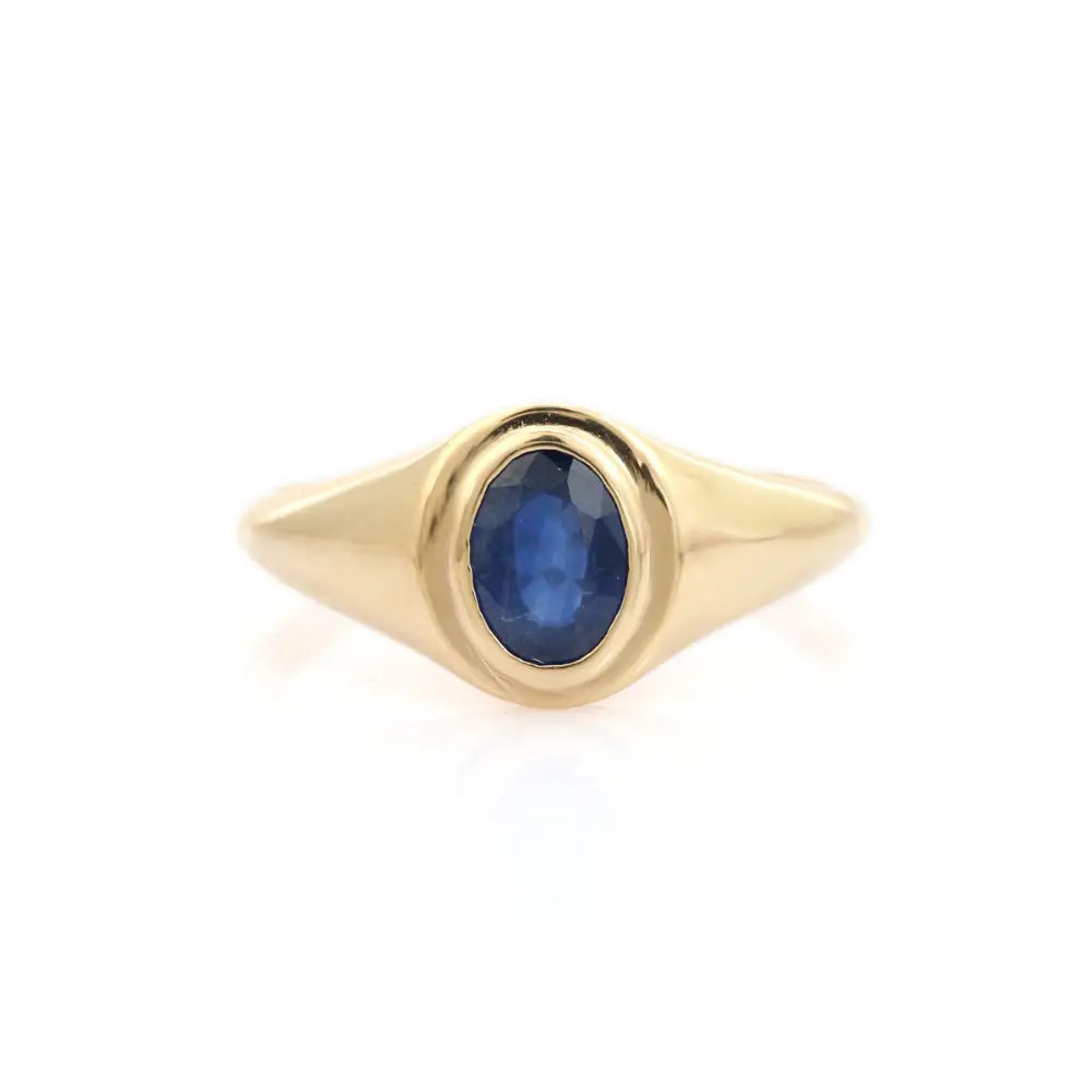 7X5 MM Oval Blue Sapphire Handmade Chunky Signet Ring 14K Pure Yellow Gold Unique Jewelry
