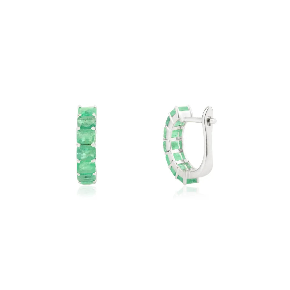 Precious Gemstone Natural Emerald Small Hoop Earrings Solid 14K White Gold Fine Jewelry