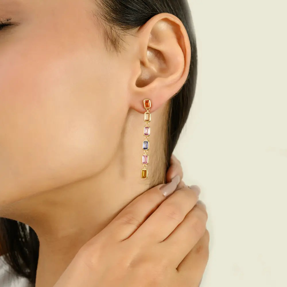 Rainbow Colorful Multi Sapphire Pure 14K Yellow Gold Long Dangling Earrings Trending Jewelry