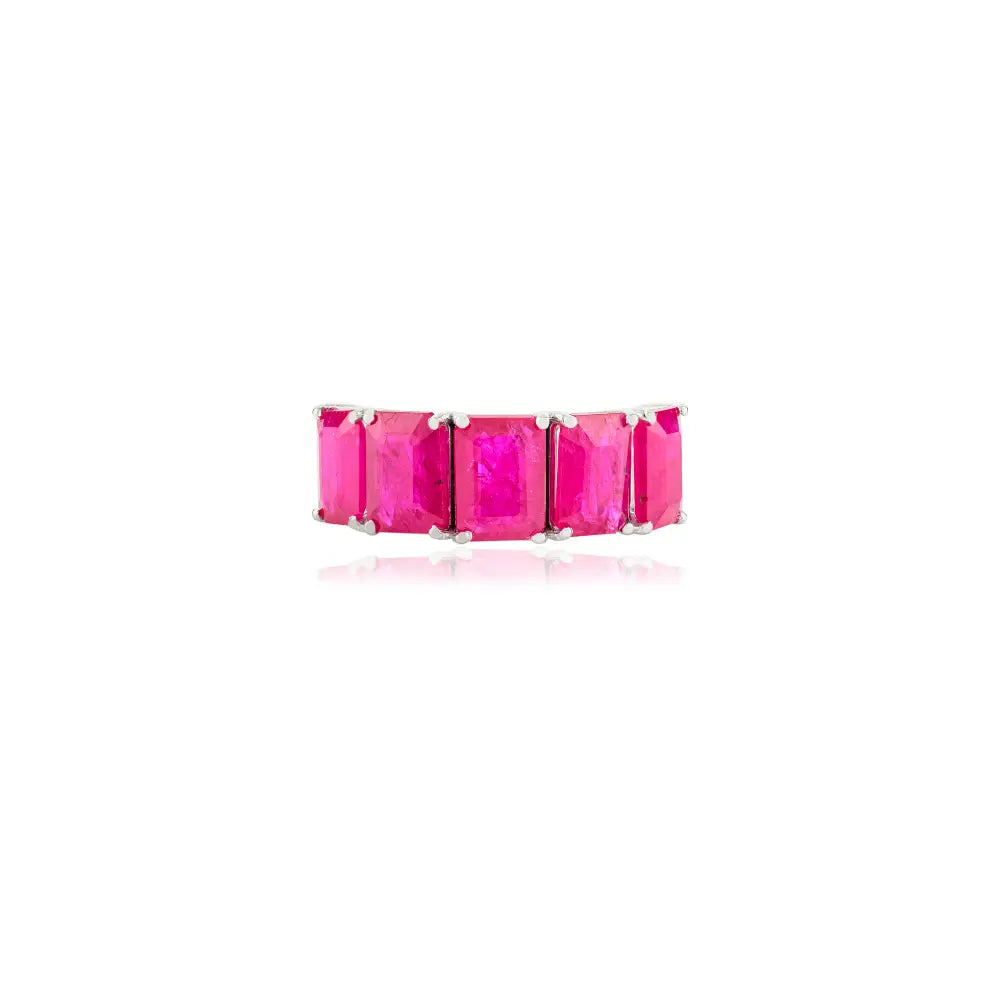 Genuine Octagon Cut Ruby Half Band Ring 14K White Gold Women Wedding Party Wear Jewelry