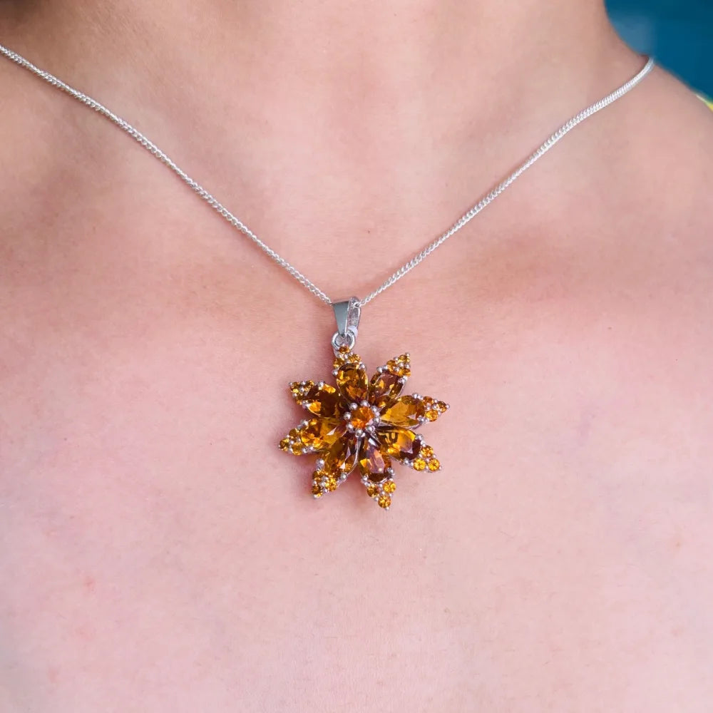 925 Solid Silver Fine Jewelry Genuine Pear & Round Shape Citrine Gemstone Flower Pendant