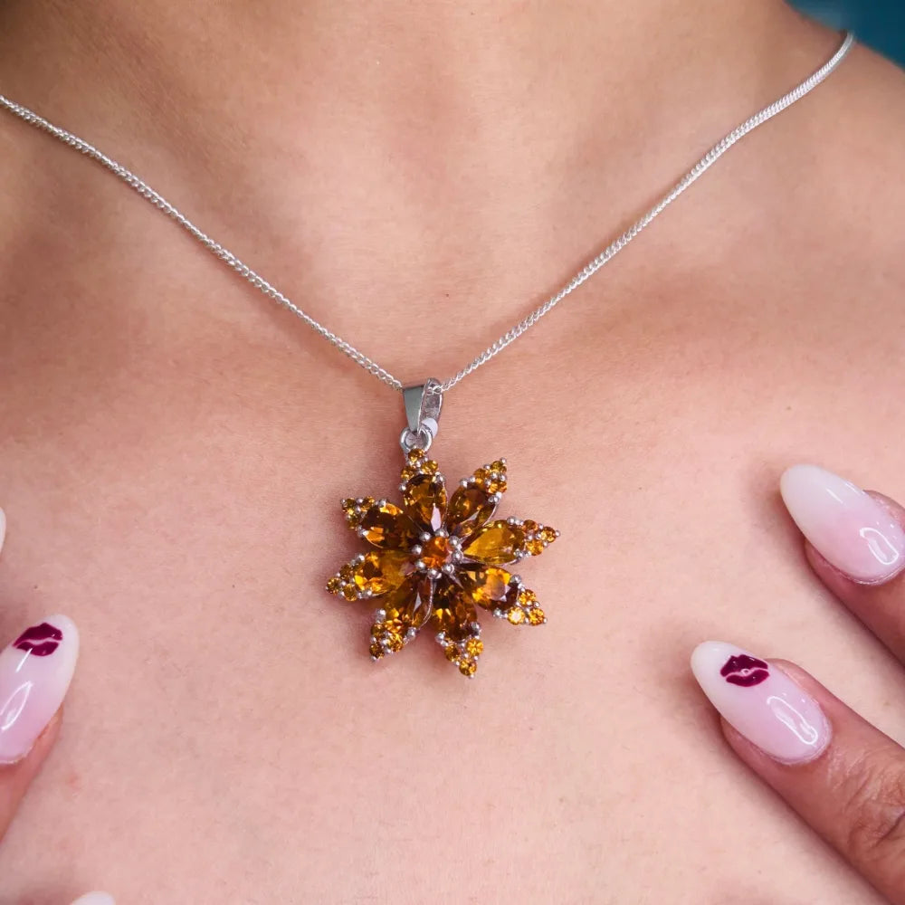 925 Solid Silver Fine Jewelry Genuine Pear & Round Shape Citrine Gemstone Flower Pendant