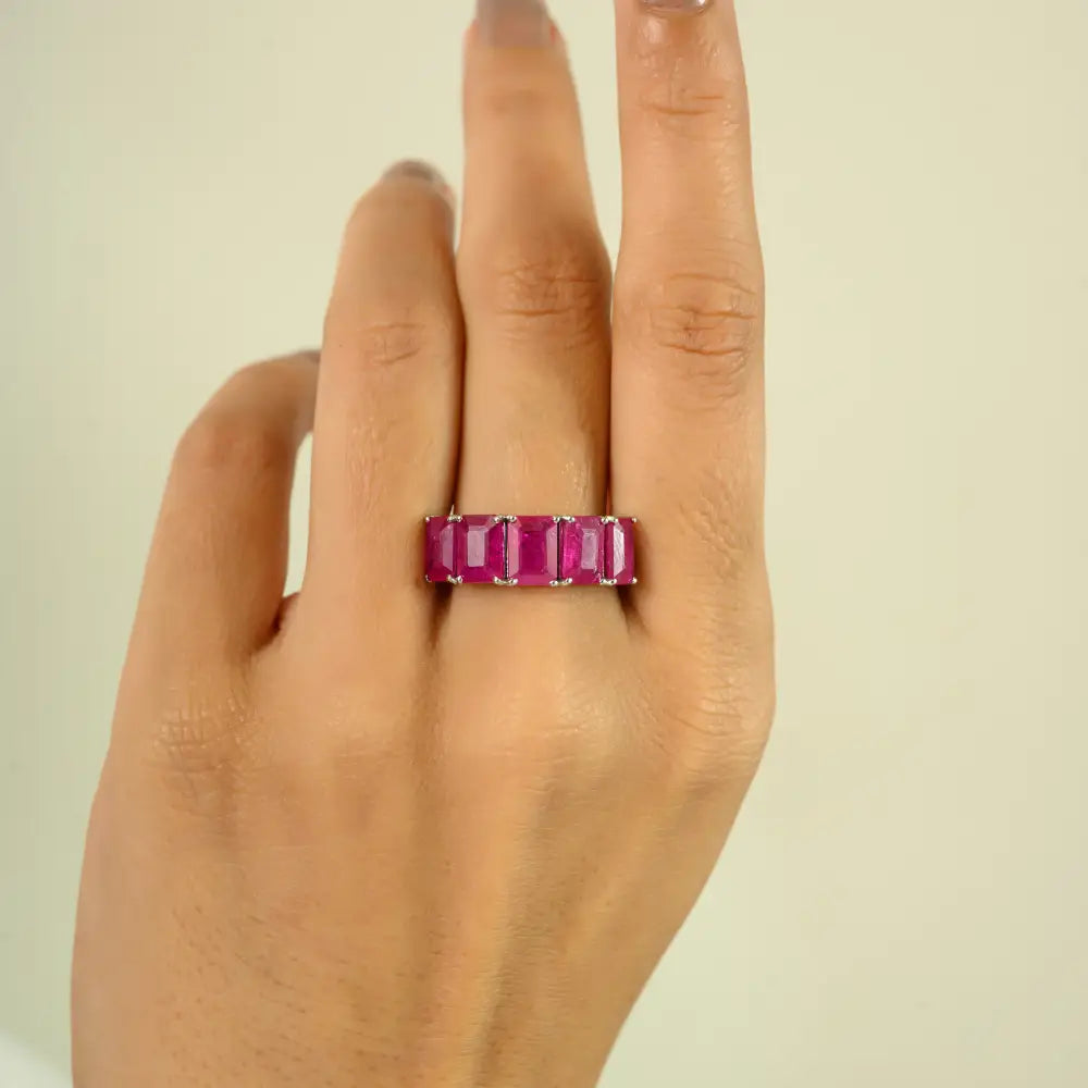 Genuine Octagon Cut Ruby Half Band Ring 14K White Gold Women Wedding Party Wear Jewelry
