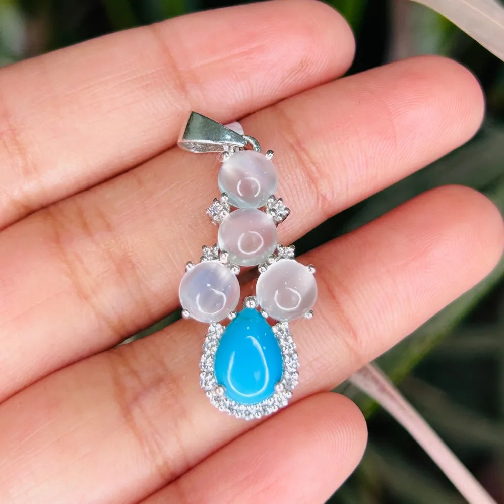 High Grade Jewelry Natural Moon Stone Turquoise & American Diamond Statement Pendant