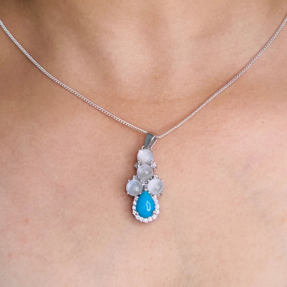 High Grade Jewelry Natural Moon Stone Turquoise & American Diamond Statement Pendant