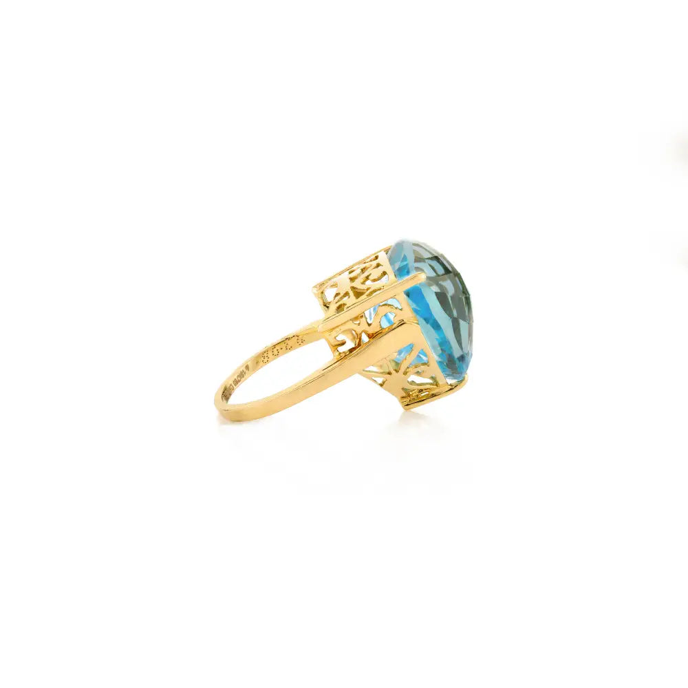 Trillion Cut Blue Topaz 18K Yellow Gold Statement Ring For Unisex Custom Logo Wedding Jewelry