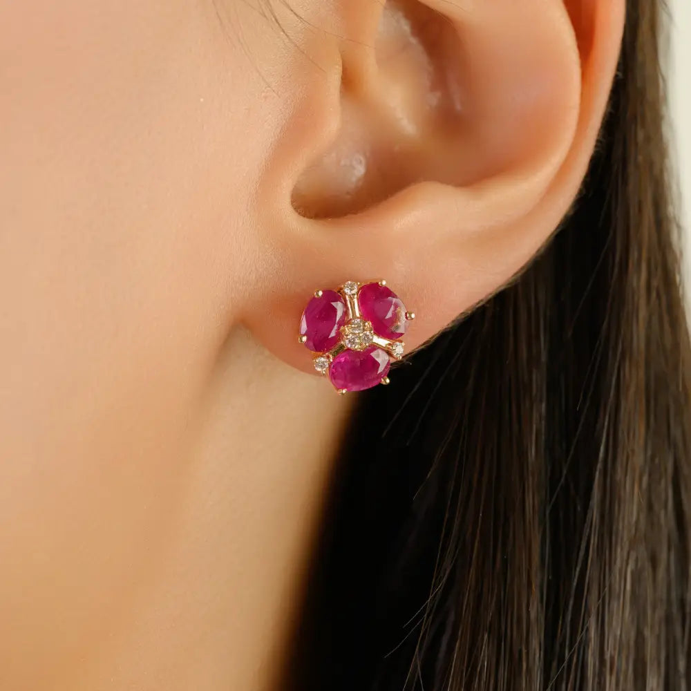 100% Genuine Ruby & Diamond K14 Yellow Gold Ruby & Diamond Three Stone Stud Earrings