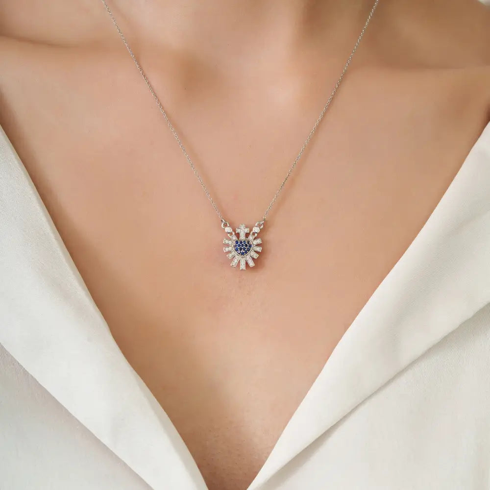 14K Solid White Gold Blue Sapphire & Diamond Sacred Heart Sunburst Pendant Necklace