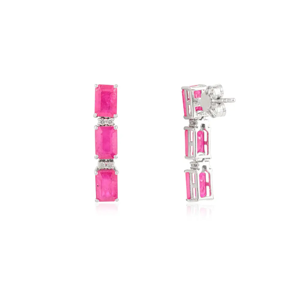 Precious Gemstone 4x6mm Octagon Cut Ruby & Diamond Drop Earrings 14K Real White Gold