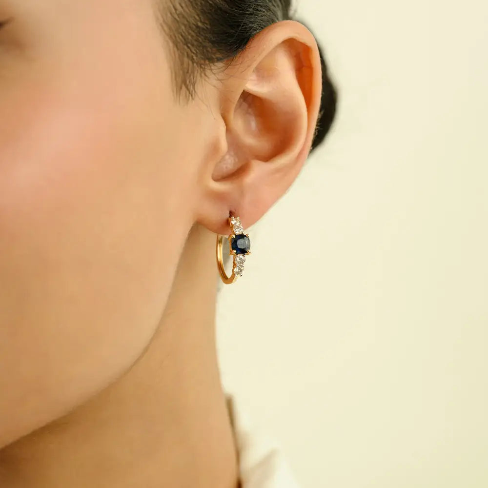 K14 Yellow Gold Cushion Shape Blue Sapphire & Diamond Hoop Earrings Women Gift Jewelry