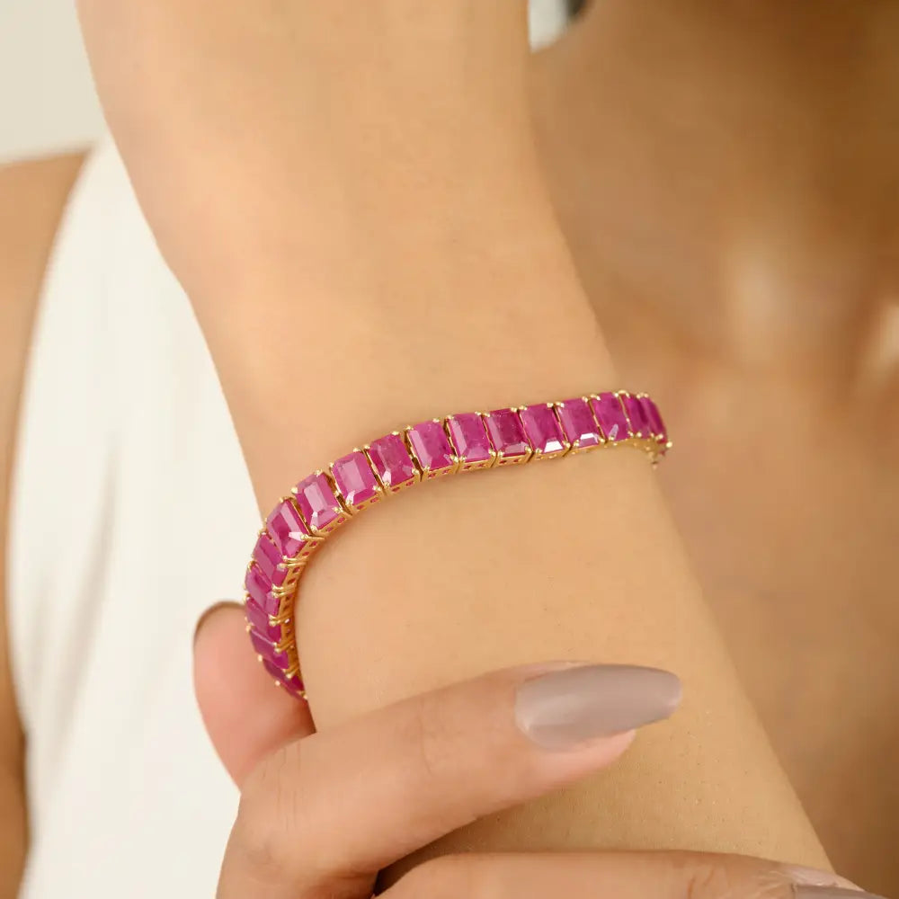 4x6 mm Octagon Cut Ruby Pure 14K Yellow Gold Box Lock Tennis Bracelet Anniversary Gift