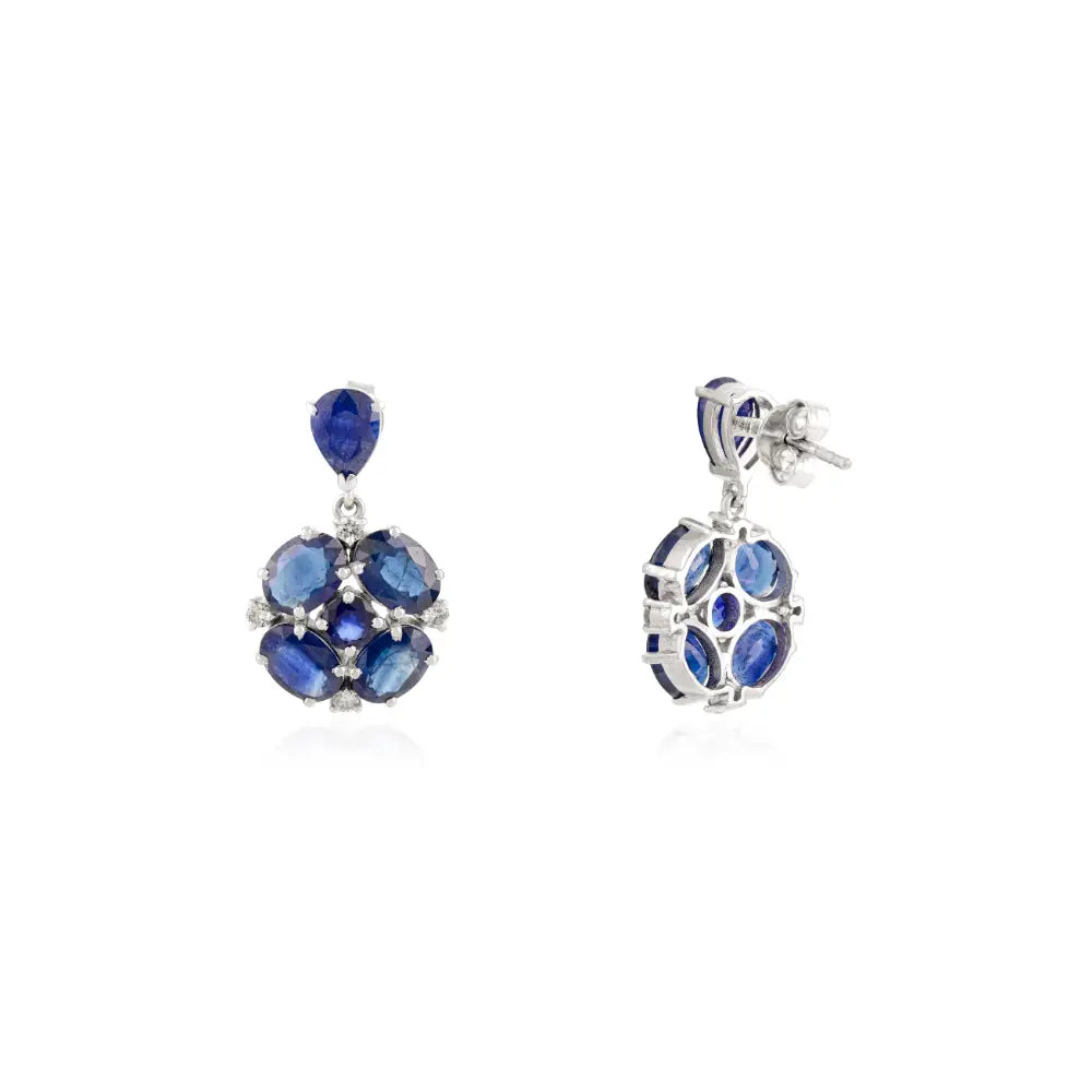 Handmade Blue Sapphire & Diamond Real K14 White Gold Wedding Drop Earrings Custom Jewelry
