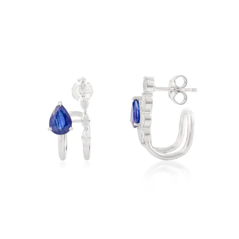 Modern Design K14 White Gold Blue Sapphire & Diamond Huggies Stud Earrings Unique Jewelry