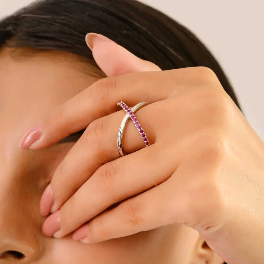 Statement Fine Jewelry Round Cut Ruby & Diamond 14K White Gold Criss-Cross Ring