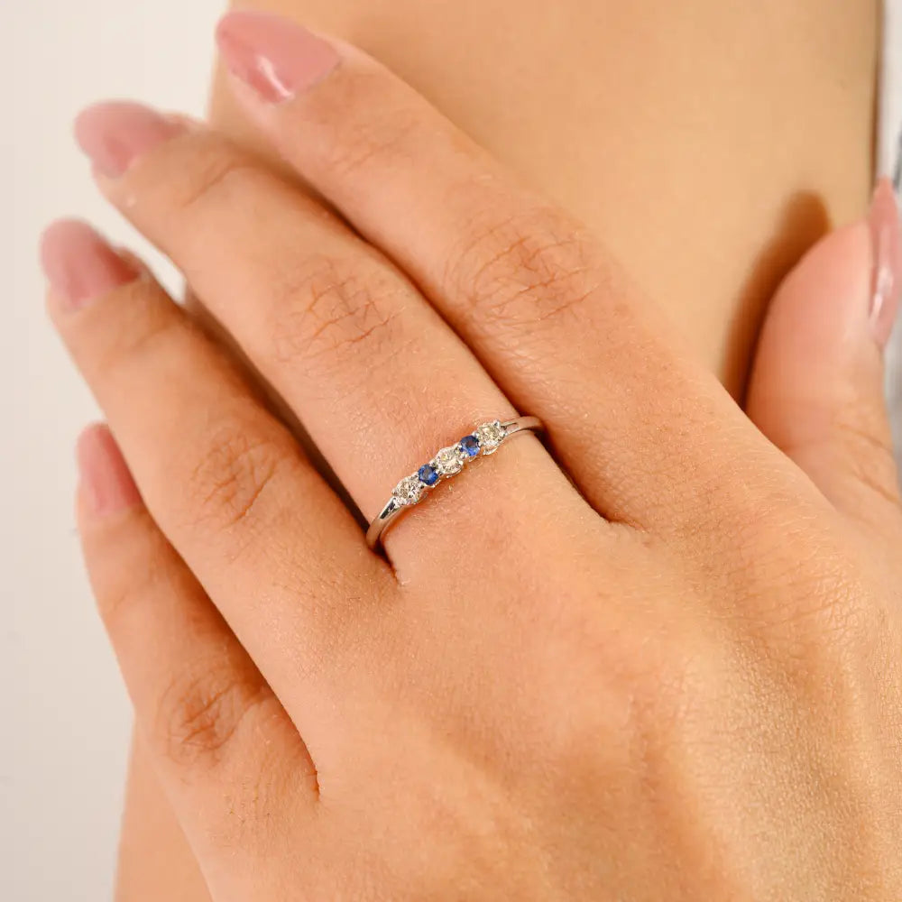 Round Cut Blue Sapphire & Diamond Minimalist Ring 14K White Gold Light Weight Jewelry