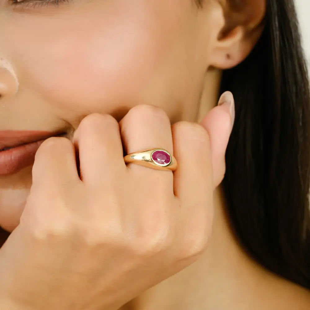 Best Selling Products 14K Real Yellow Gold Ruby Gypsy Set Signet Ring Trending Jewelry