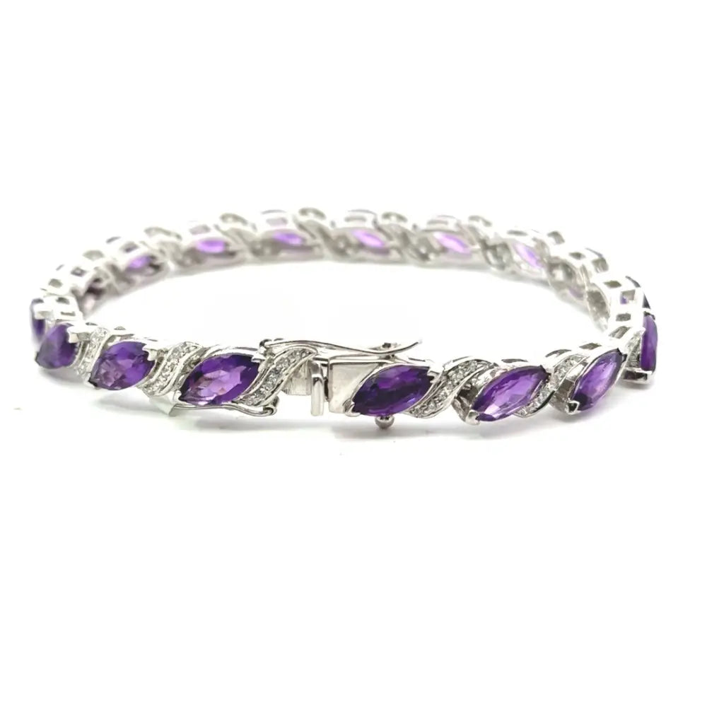 Natural Amethyst & American Diamond 925 Sterling Silver Tennis Bracelet For Wedding & Party