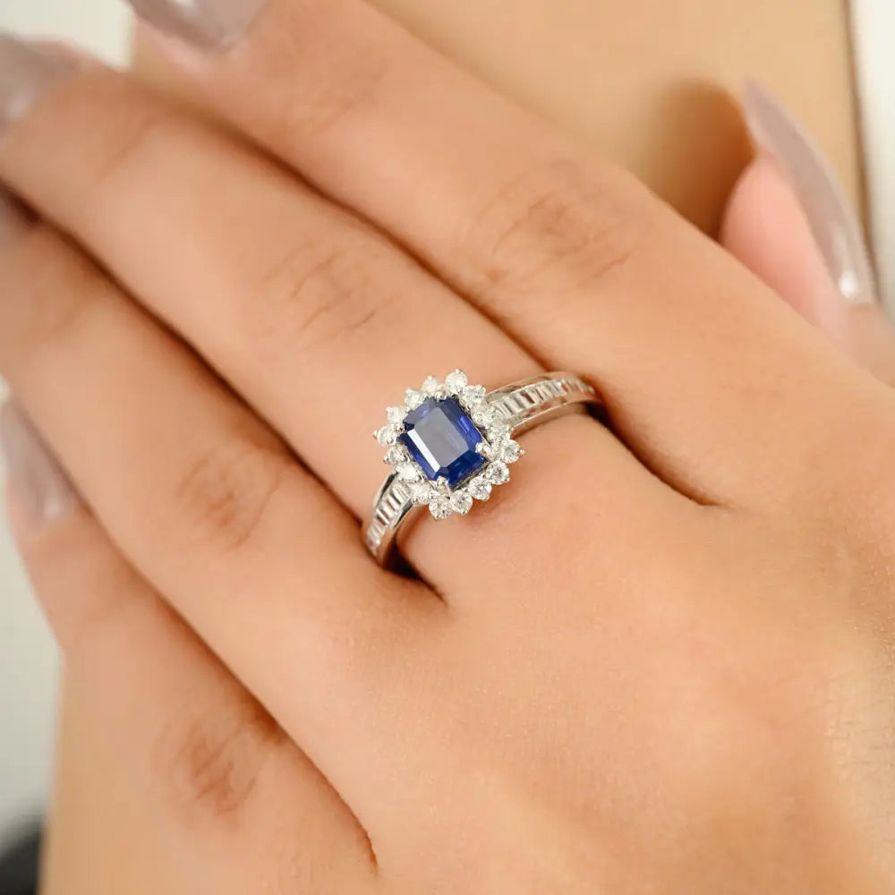 Prong Setting Blue Sapphire & Diamond Wedding Ring Newly Design 14K White Gold Jewelry