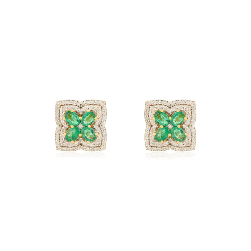 14K Yellow Gold Emerald & Diamond Four Leaf Clover Stud Earrings Wedding Women Jewelry