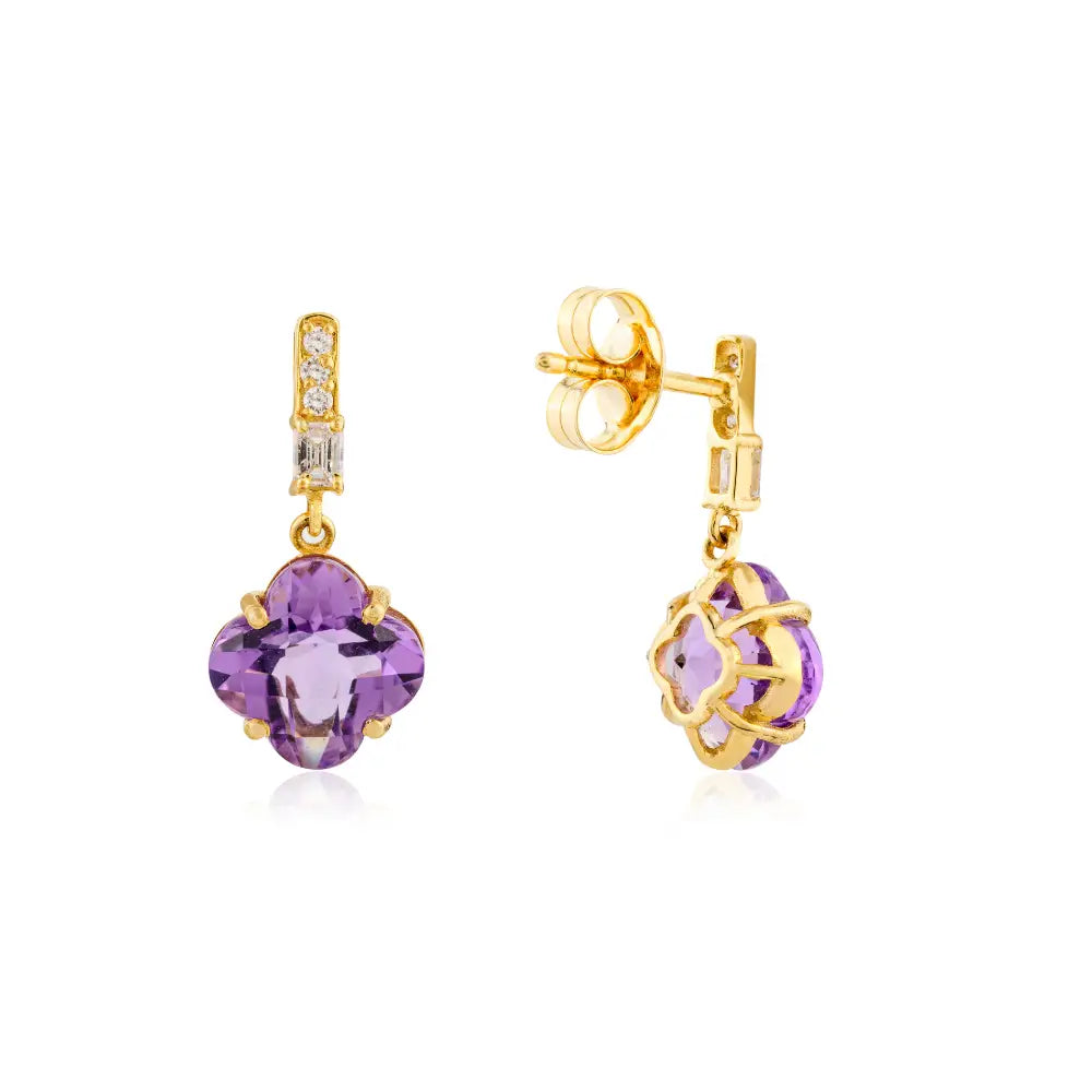 18K Yellow Gold Amethyst & Diamond Flower Shape Drop Earrings Fine Gemstone Jewelry