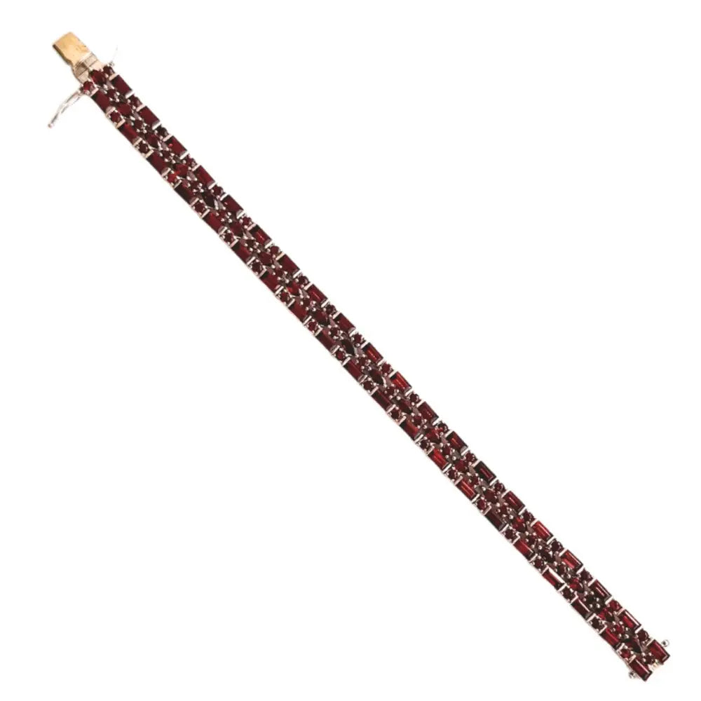 Handcrafted Natural Garnet Triple Row Tennis Bracelet For Anniversary Gift 925 Sterling Silver