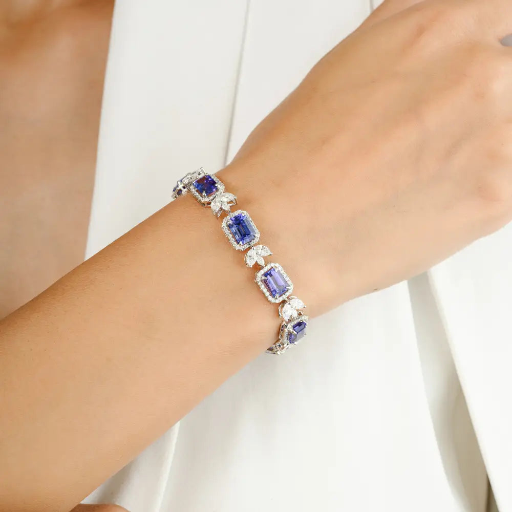 Tanzanite & Diamond Tennis Bracelet Real K18 White Gold Designer Engagement Jewelry