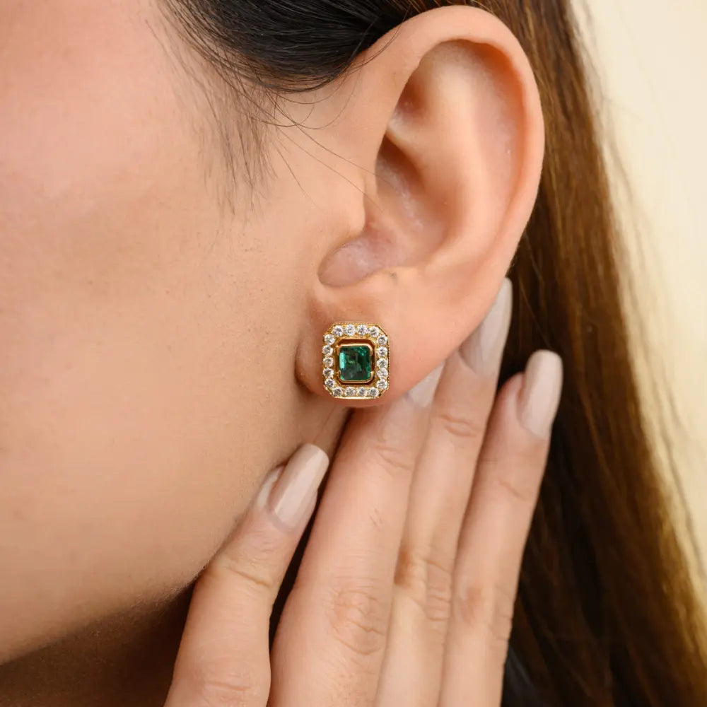 100% Natural Emerald & Diamond 18K Yellow Gold Stud Earrings