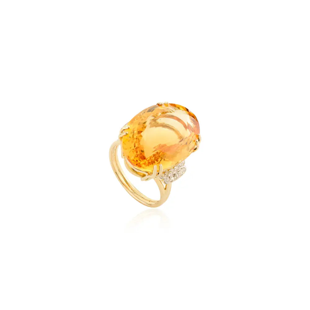 Oval Citrine & Round Diamond Solid 14K Yellow Gold Cocktail Ring November Birthstone Jewelry