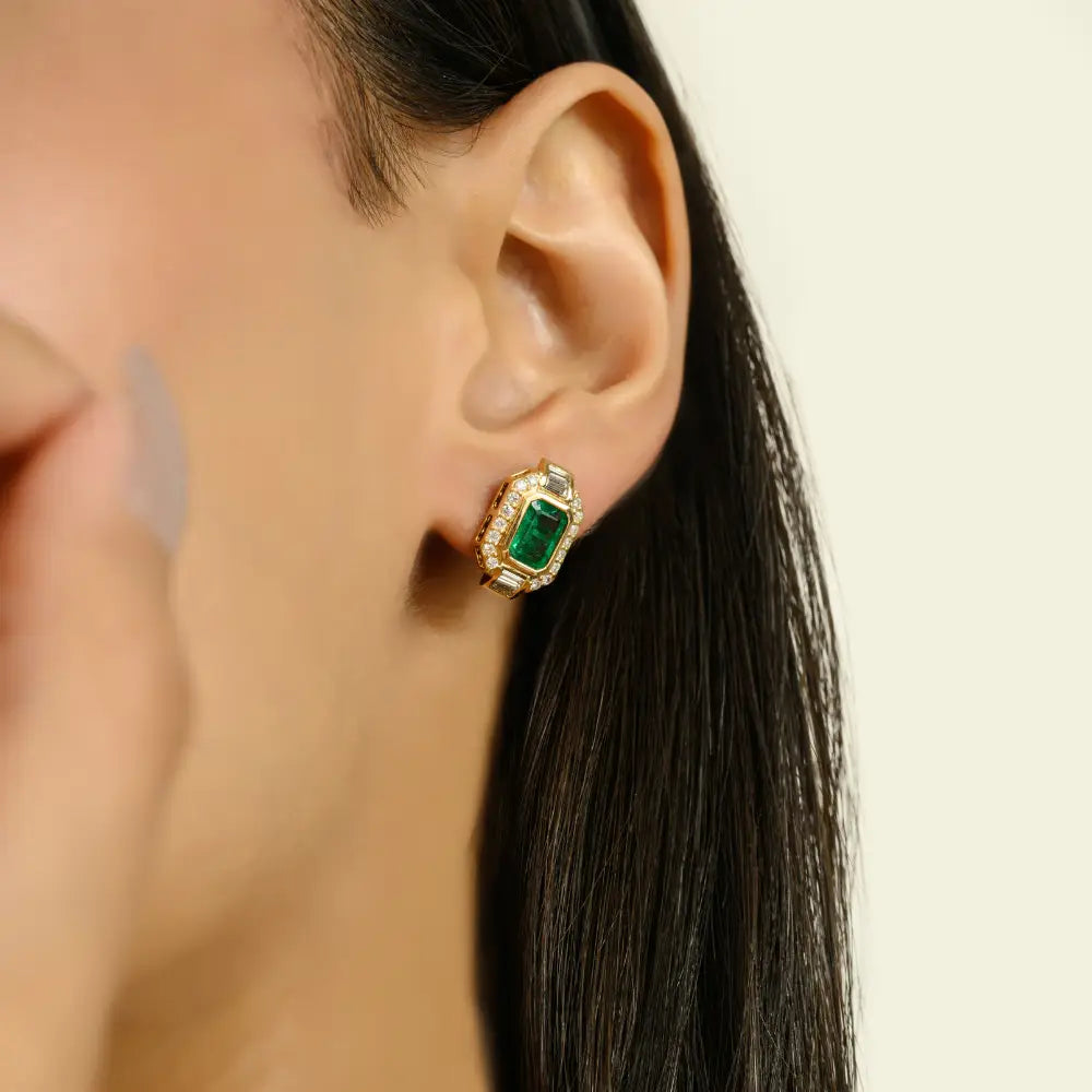 Bezel Set Emerald & Diamond Stud Earrings Trending Everyday Jewelry Real 18K Yellow Gold