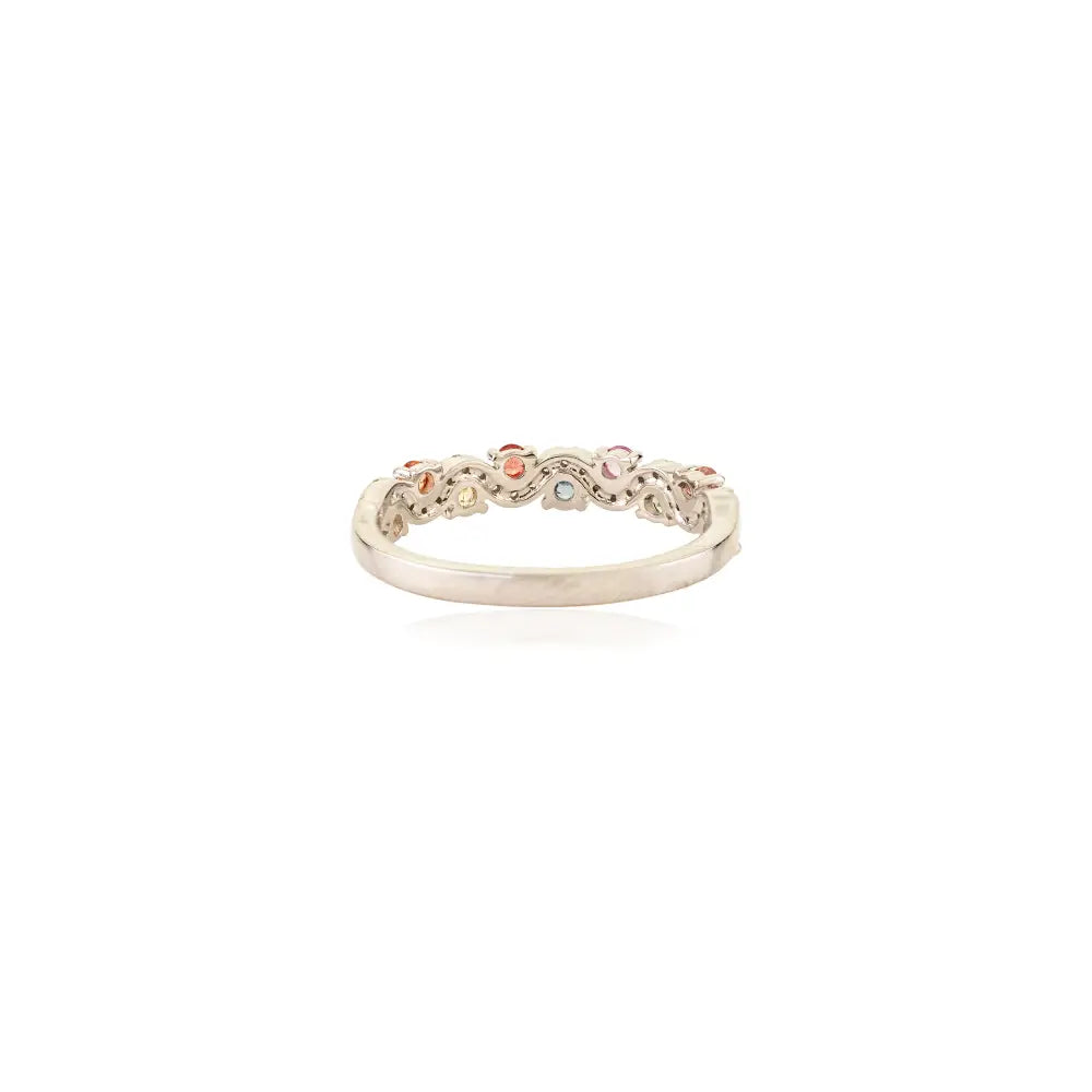 Colorful Multi Sapphire & Diamond 14K White Gold Wavy Design Half Eternity Band Ring Unisex