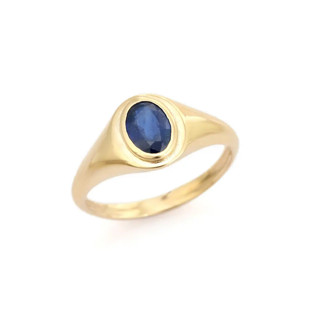 7X5 MM Oval Blue Sapphire Handmade Chunky Signet Ring 14K Pure Yellow Gold Unique Jewelry