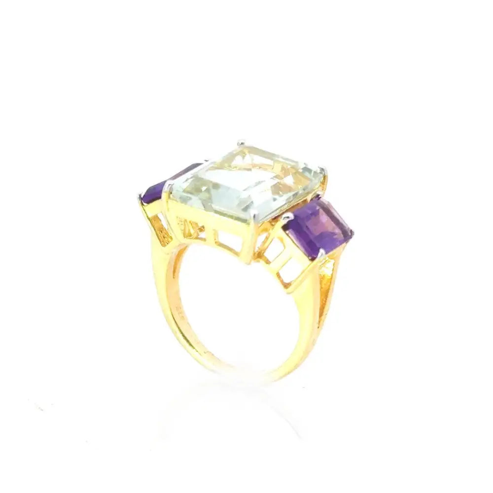 Exclusive Jewelry Handmade Green & Purple Amethyst 925 Silver Yellow Gold Plated Three Stone Ring