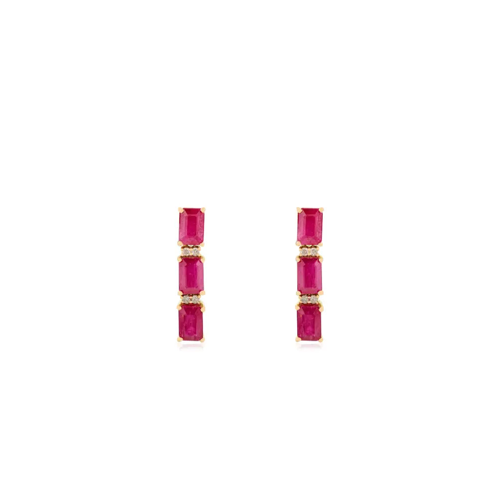 100% Authentic Ruby & Diamond 14K Yellow Gold Dangle Earrings Wedding Jewelry For Women