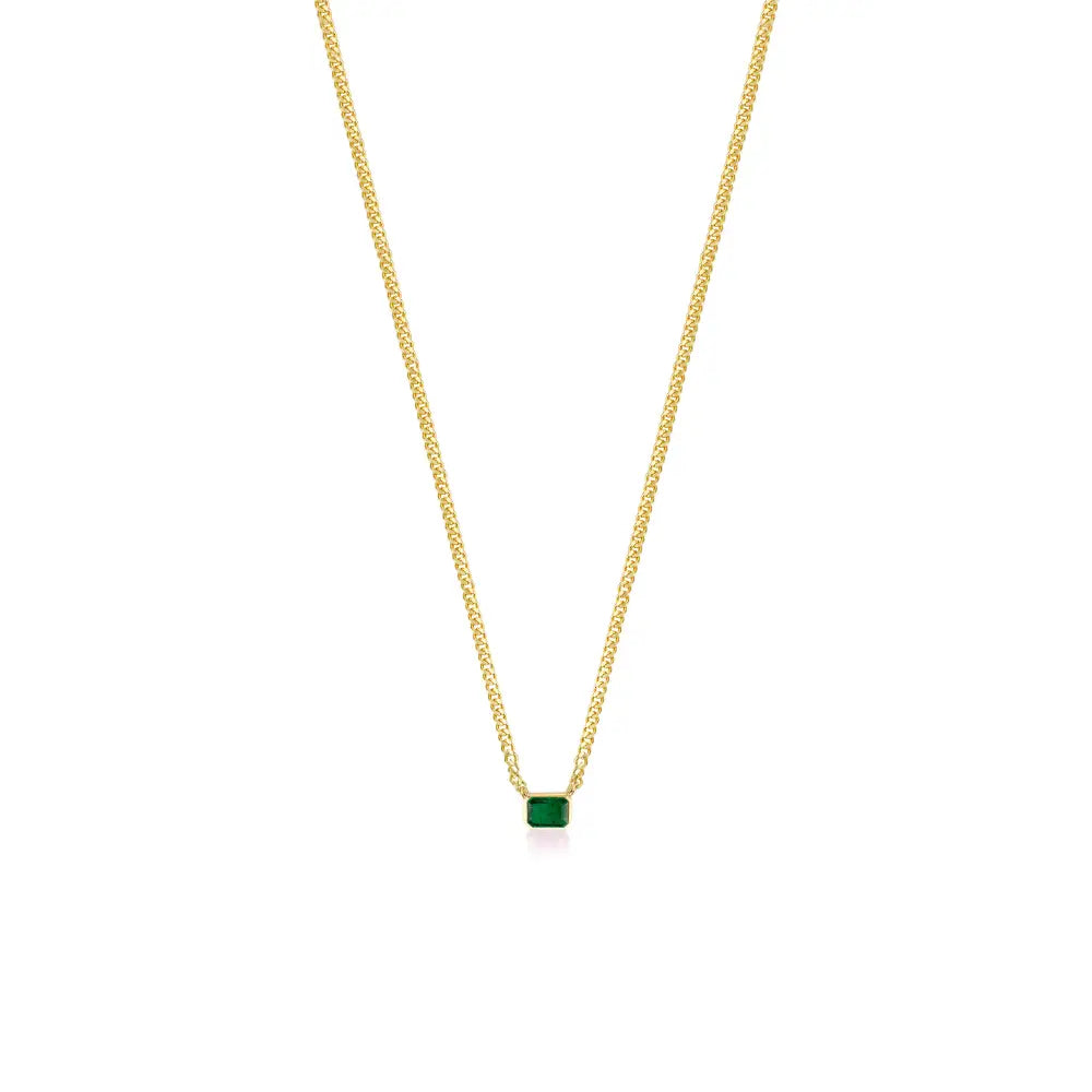 Bezel Setting Emerald Cuban Chain Single Stone Pendant Necklace Solid K14 Yellow Gold