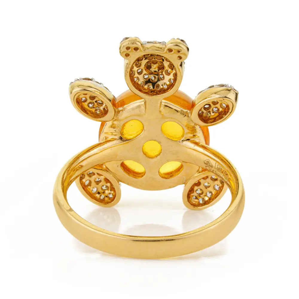 Unique Design Citrine & Diamond K18 Yellow Gold Teddy Bear Ring Statement Jewelry