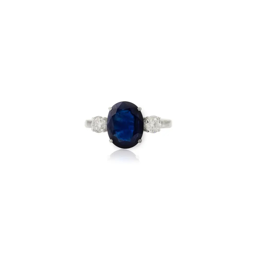 Pure 14K White Gold Blue Sapphire & Diamond Prong Setting Three Stone Ring Wedding Jewelry