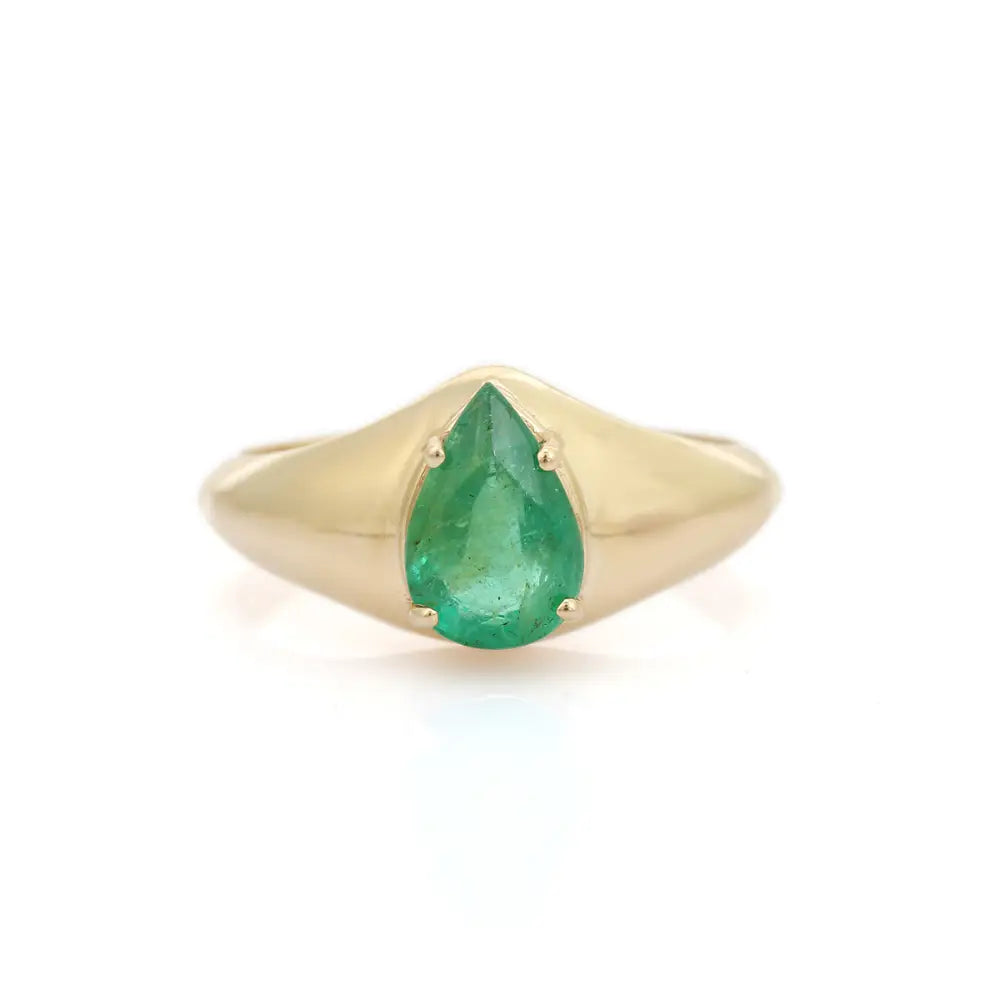 Pure K14 Yellow Gold New Trendy Zambian Emerald Dome Signet Ring Handmade Jewelry