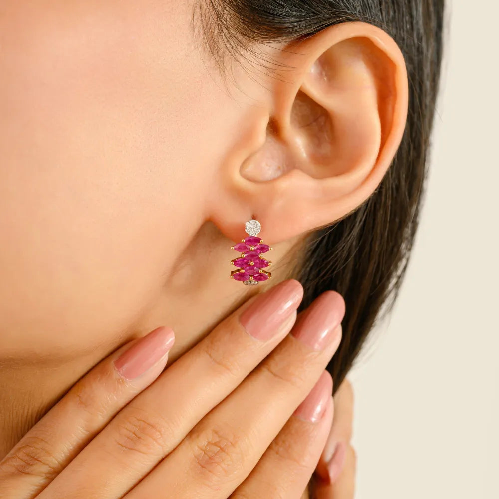Best Quality 14K Yellow Gold Ruby & Diamond Clip-on Earrings For Women Everyday Jewelry