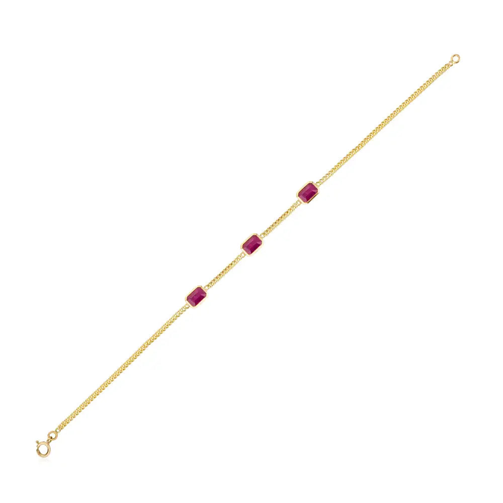 Fine Trending 100% Genuine Ruby Station Cuban Chain Bracelet For Women 14K Yellow Gold