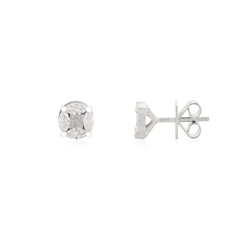 Marquise & Princess Cut Natural Diamond Solid 18K White Gold Round Stud Earrings For Women