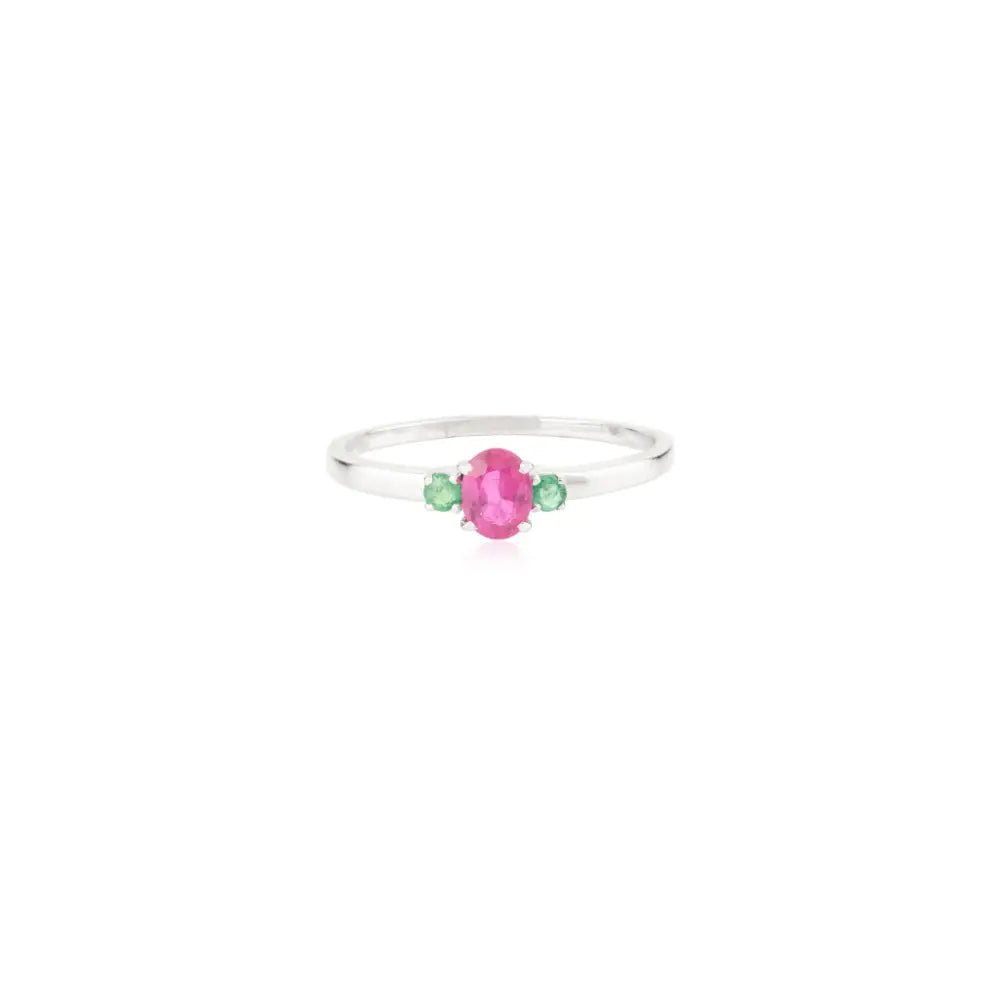 Dainty Minimalist Emerald & Ruby Real K14 White Gold Three Stone Ring Everyday Jewelry