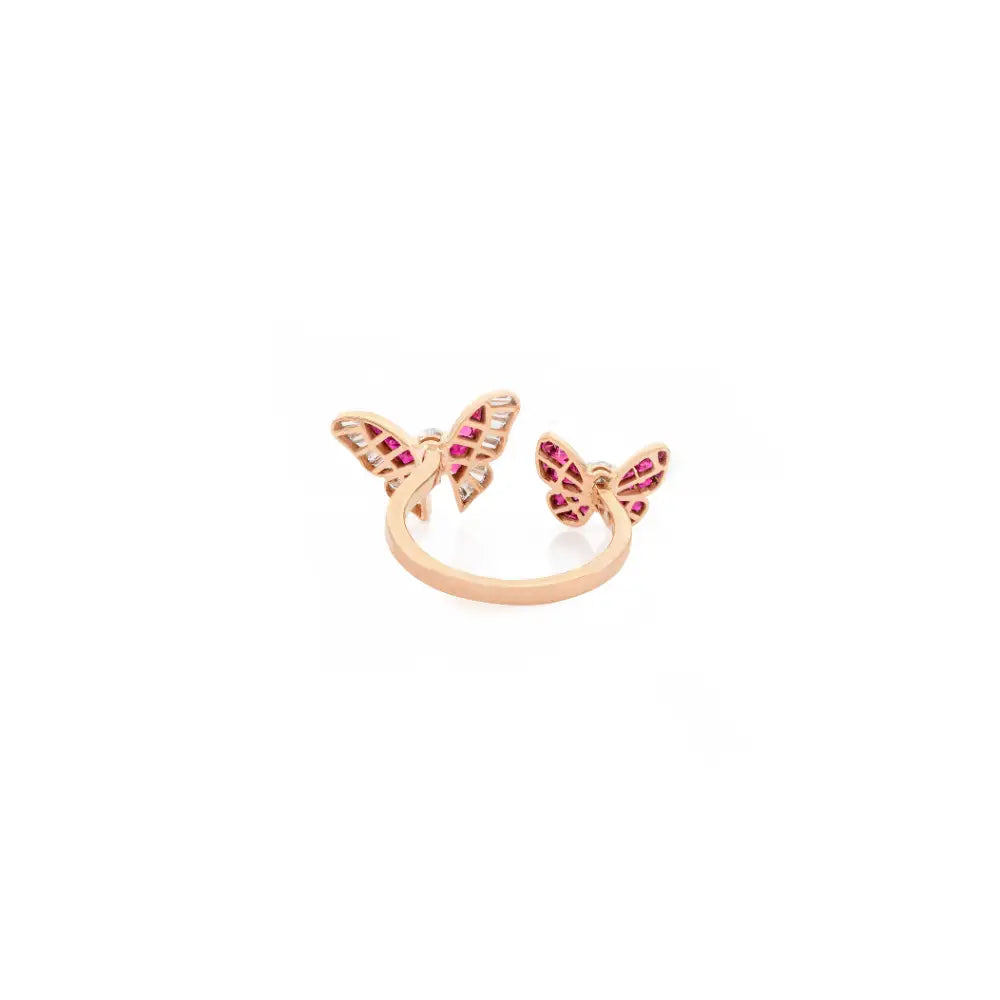 Unique Latest Design Ruby & Diamond 18K Rose Gold Twin Butterfly Open Ring For Party