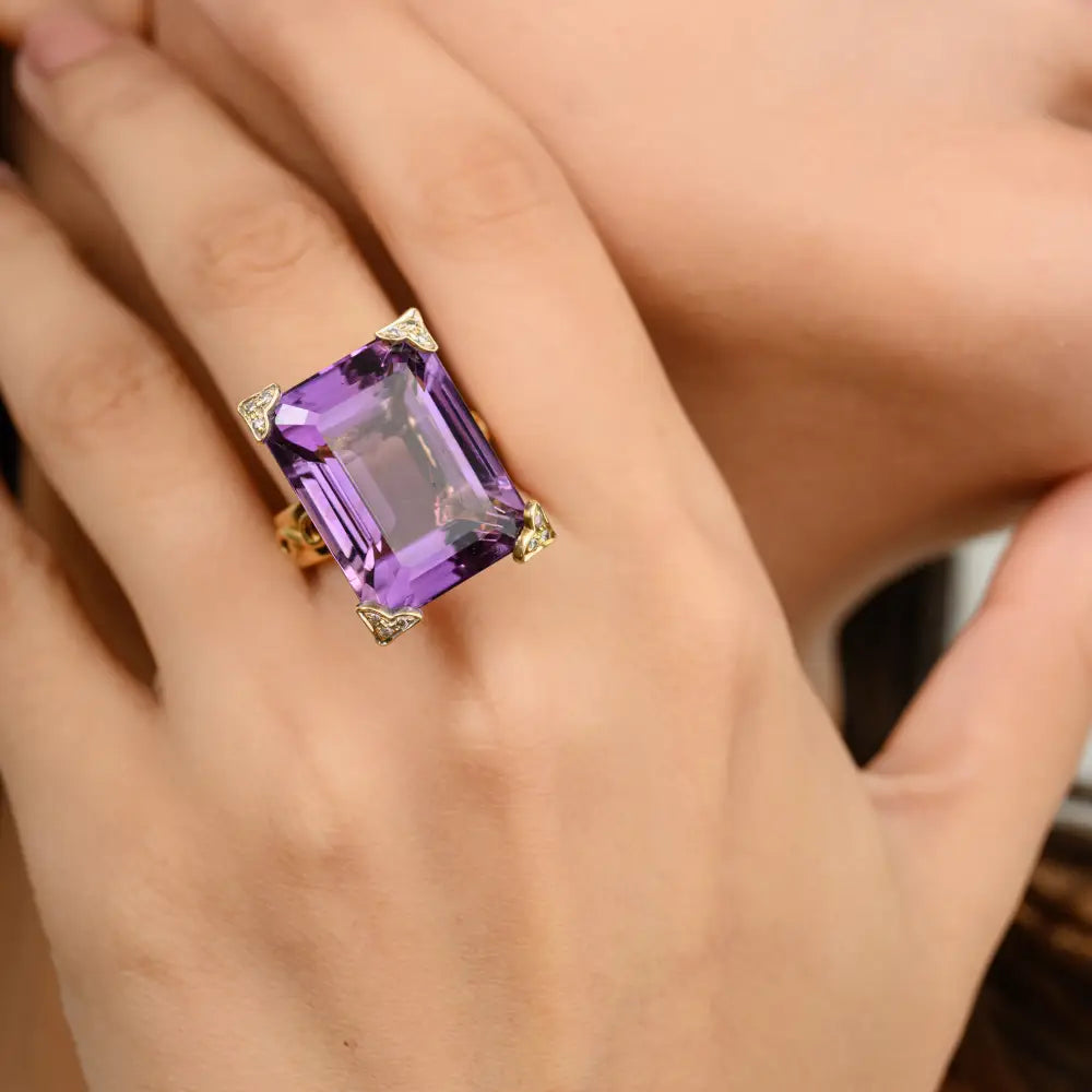 February Birthstone Genuine Amethyst & Diamond Cocktail Ring Handmade Custom Jewelry