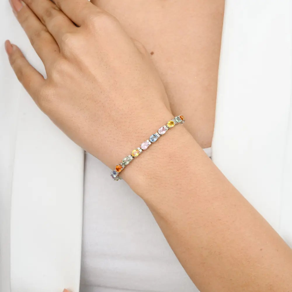 100% Natural Multi Gemstone & Diamond 18K White Gold Tennis Bracelet