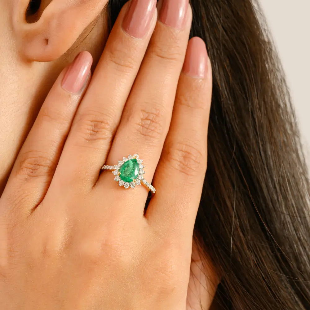 Genuine Emerald & Diamond Real K14 Yellow Gold Halo Engagement Ring Customized Jewelry